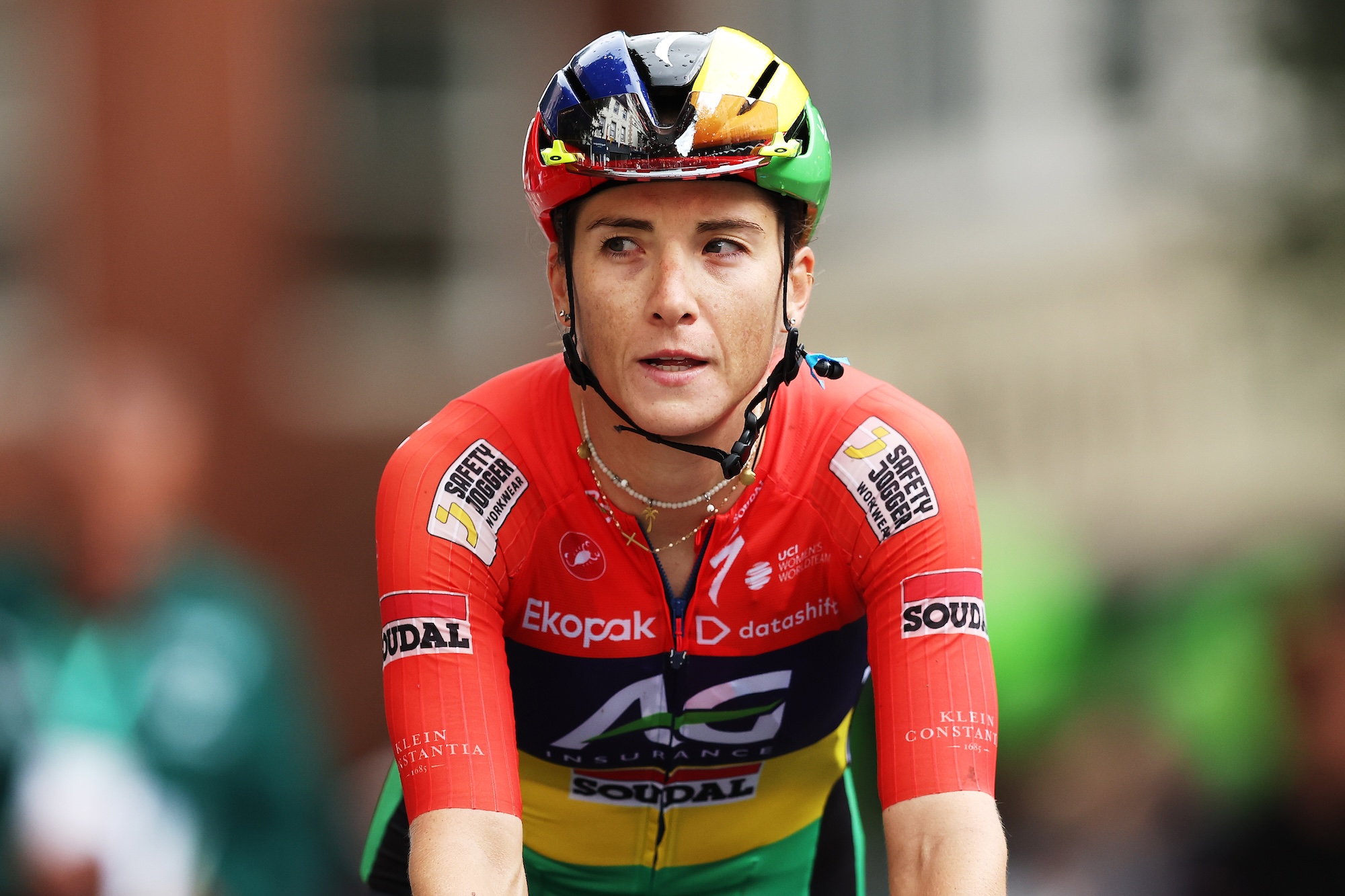 COCKERMOUTH, ENGLAND - AUGUST 19: Kim Le Court-Pienaar of Mauritius and Team AG Insurance - Soudal Team crosses the finish line during the 11th Lloyds Tour of Britain Women 2026, Stage 1 a 158.9km stage from Cockermouth to Cockermouth / #UCIWWT / on August 19, 2026 in Cockermouth, England. (Photo by Matt McNulty/Getty Images)