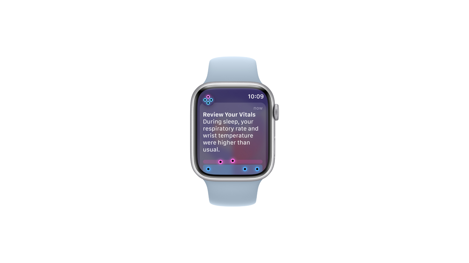 an image of an apple watch with a blue strap. The screen is showing a notification about reviewing your vitals