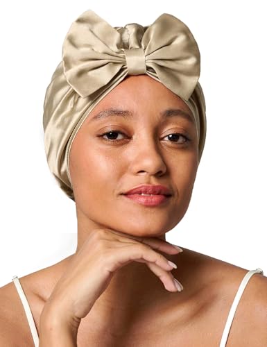 Lilyslk Womens Silk Bonnet 100% Mulberry Silk Sleep Cap for Long Curly Hair Ladies Bowknot Hair Warp for Sleeping Night Hair Scarf Silk Turban Taupe