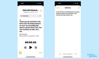 Bảng điểm của một cuộc gọi điện thoại được ghi lại cùng với bản tóm tắt cuộc gọi đó do Apple Intelligence tạo ra