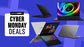 Gaming laptops on a blue background with Cyber Monday deals badge