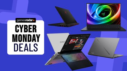 Gaming laptops on a blue background with Cyber Monday deals badge