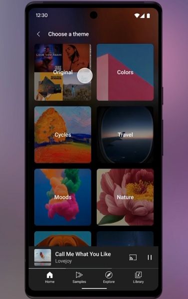 YouTube Music's "Theme" menu for using generative AI to create artwork.