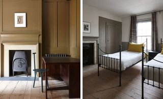 A serene and earthen colour palette includes deep greens, warm reds and pops of chocolate or chartreuse in the bedrooms