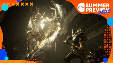 A screenshot shows a hairy monster lunging at a player in Mistfall Hunter while an orange border indicates it is part of summer preview 2025