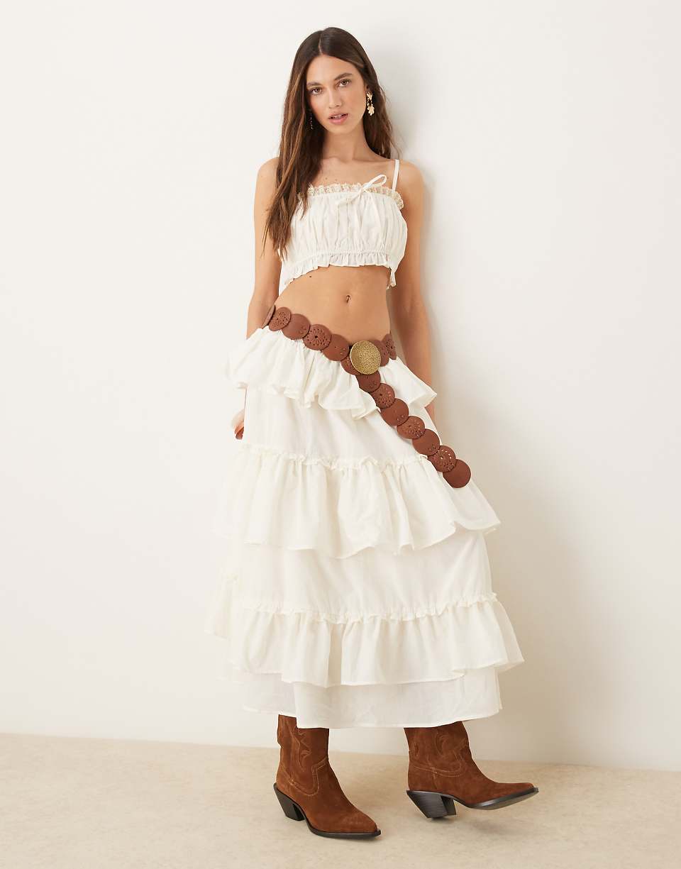 Asos Design Cotton Ruffle Prairie Maxi Skirt in Ecru Co Ord