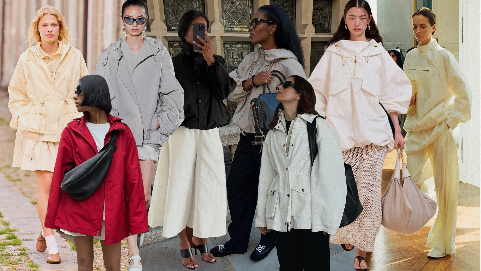 Collage of different women wearing windbreakers in street style and runway imagery.