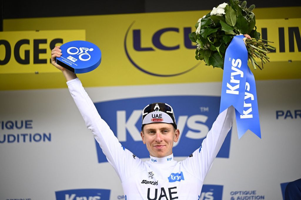 Slovenian Tadej Pogacar of UAE Team Emirates celebrates on the podium in the white jersey for best young rider after stage 8 of the Tour de France cycling race a 2007 km race from Libourne to Limoges France Saturday 08 July 2023 This years Tour de France takes place from 01 to 23 July 2023 BELGA PHOTO DIRK WAEM Photo by DIRK WAEM BELGA MAG Belga via AFP Photo by DIRK WAEMBELGA MAGAFP via Getty Images