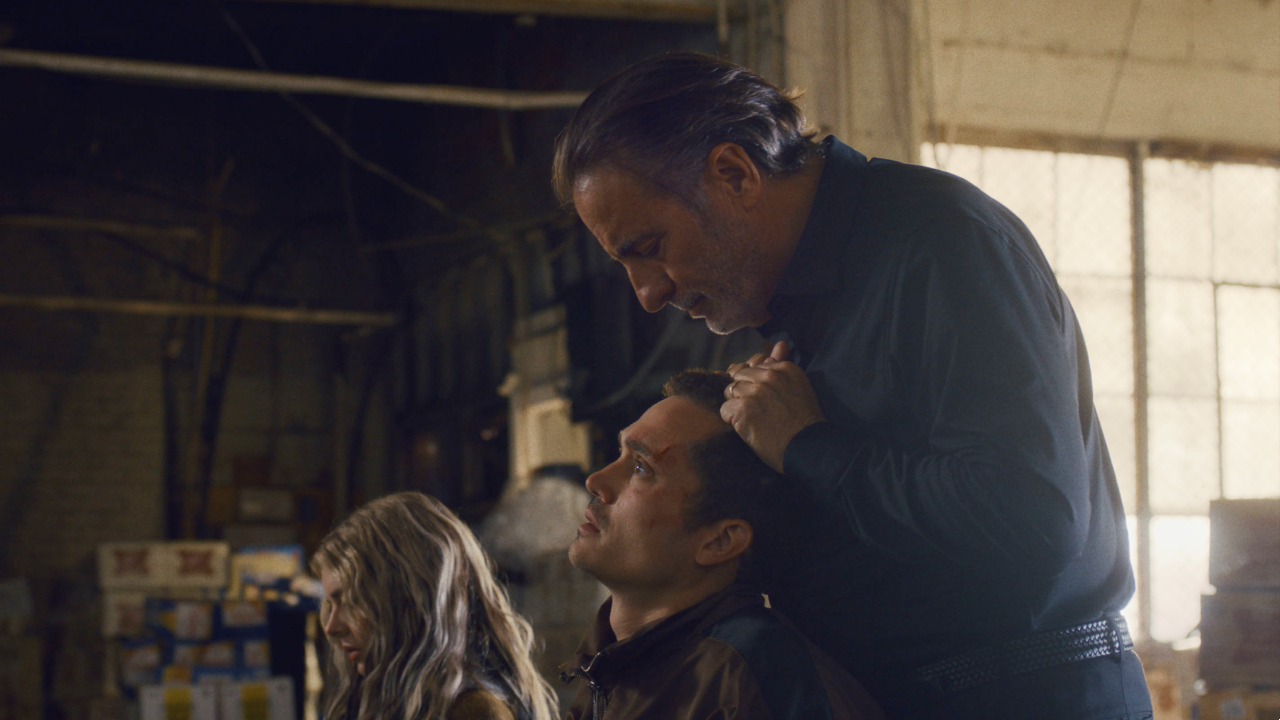 Samara Weaving, Karl Glusman, and Andy Garcia in Eenie Meanie