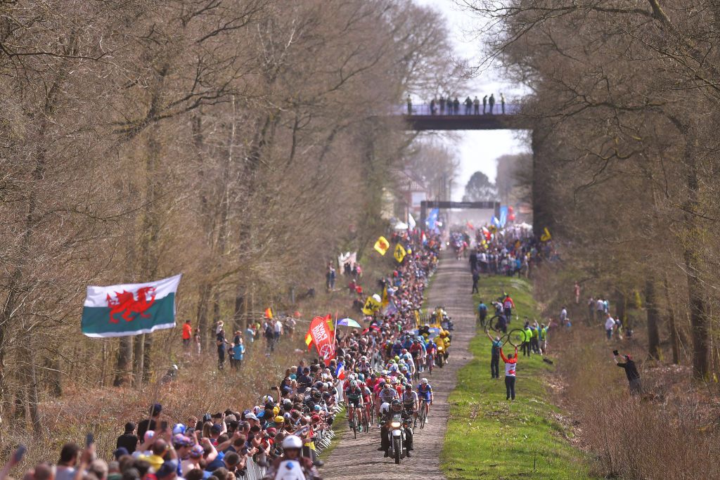 ROUBAIX, FRANCE - APRIL 08: Trouee d Arenberg / Peloton / Landscape / during the 116th Paris to Roubaix 2018 a 257km race from Compiegne to Roubaix on April 8, 2018 in Roubaix, France. (Photo by Tim de Waele/Getty Images)