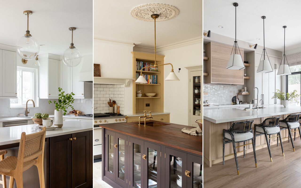 Three images: A white kitchen and dark island with two globe pendant lights, a wooden island with a fixture coming from a ceiling rose overhead, and a minimalist kitchen with three pendant lights over an island