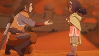 City guard Jae offering his hand to Pavi in Avatar: Seven Havens
