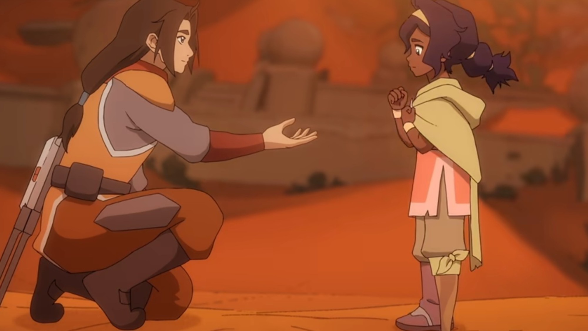 City guard Jae offering his hand to Pavi in Avatar: Seven Havens