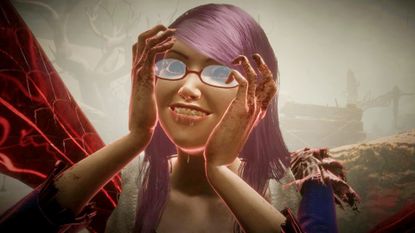 Rize, one of the DBD killers, puts her hands to her face and smiles with glee after killing a survivor with a mori.