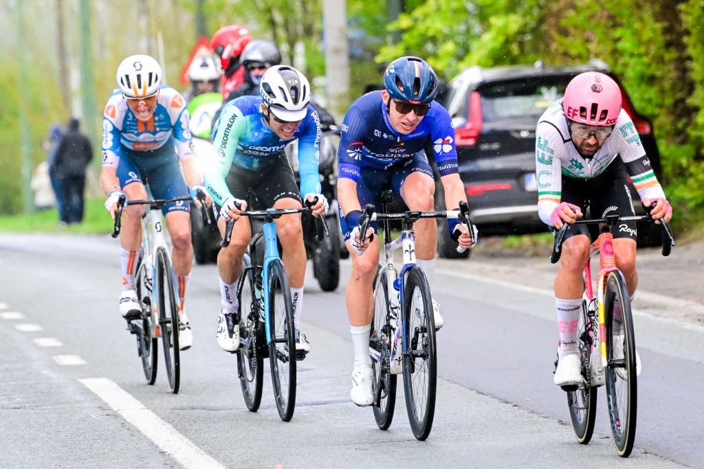 French Romain Bardet of Team DSM-Firmenich PostNL, French Benoit Cosnefroy of Decathlon Ag2r La Mondiale Team, French Romain Gregoire of Groupama-FDJ and Irish Ben Healy of EF Education-EasyPost pictured in action during the men elite race of the Liege-Bastogne-Liege one day cycling event, 254,5 km km from Liege, over Bastogne to Liege, Sunday 21 April 2024. BELGA PHOTO DIRK WAEM (Photo by DIRK WAEM / BELGA MAG / Belga via AFP)