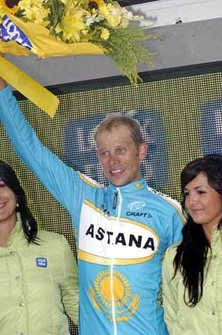 Andrey Kashechkin (Astana Team) stands proudly on the podium.