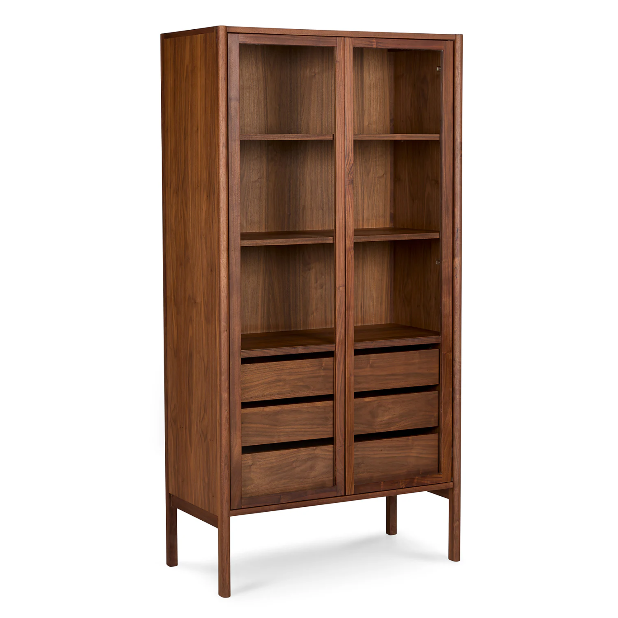 tall wooden bar cabinet with glass doors and interior drawers