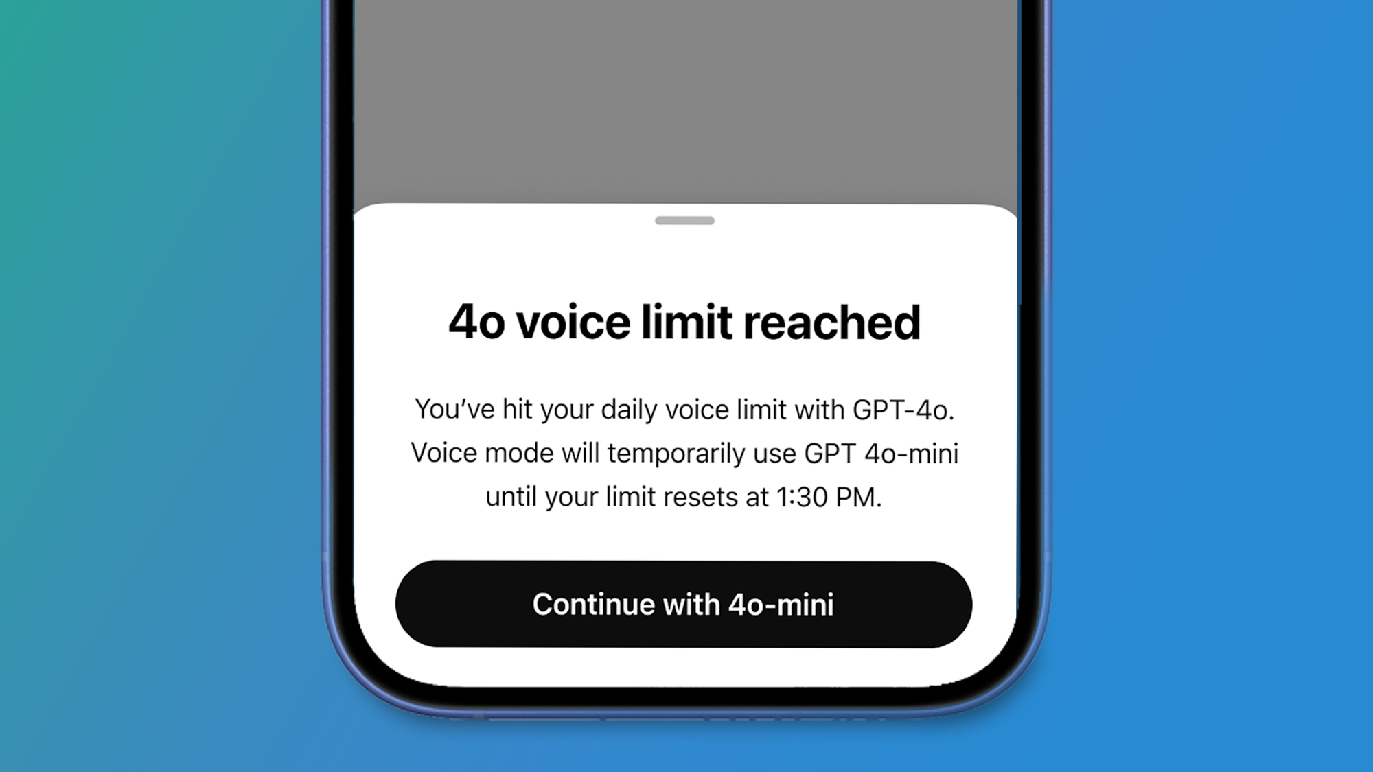 An iPhone on a blue background showing a ChatGPT voice mode limit warning