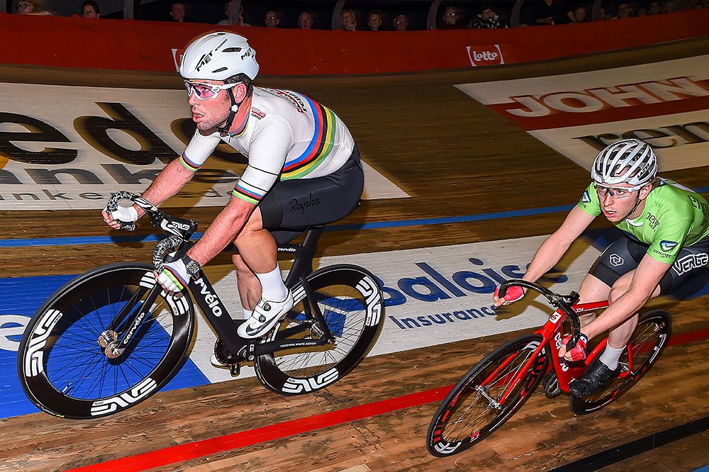 Mark Cavendish and Mark Steward on the first day of racing at the 2016 Gent Six Day