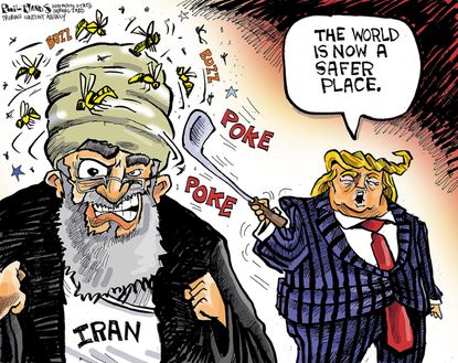 Political Cartoon U.S. Trump Iran war hornets nest