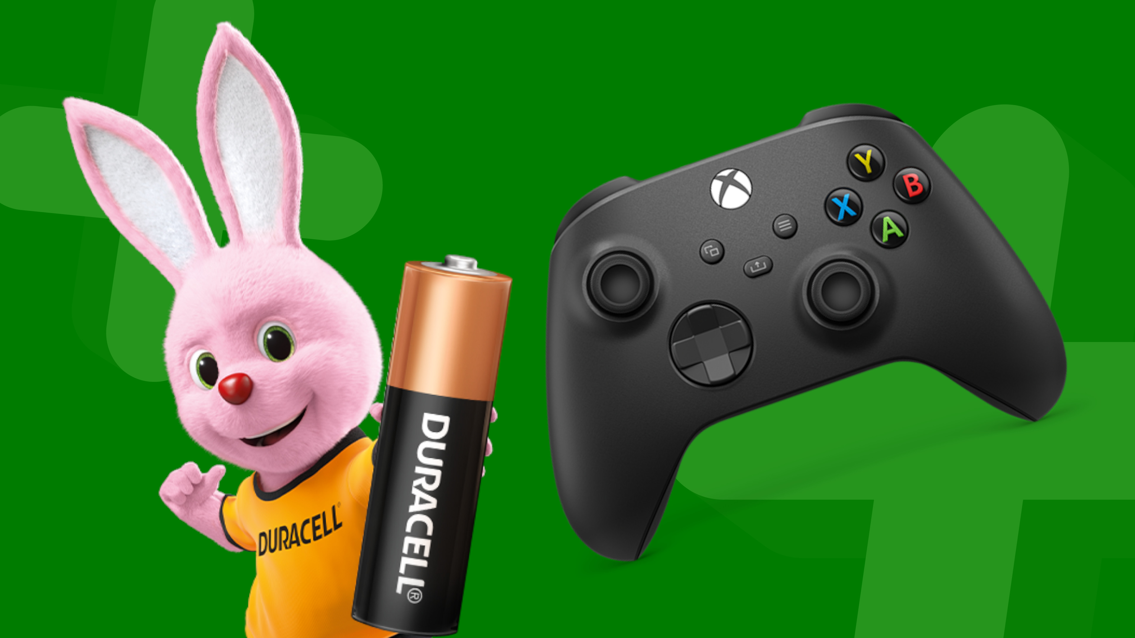 Xbox Series X controller with Duracell bunny mascot on a green background