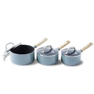 Light Blue Saucepan Set with wooden handles