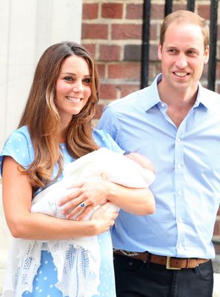 Catherine, William and Prince George outside St Mary's Hospital, 2013