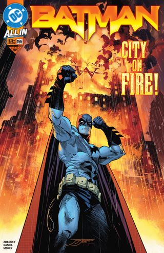 Batman stands in front of a burning Gotham City.