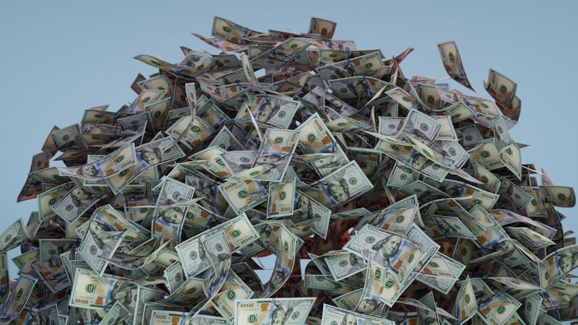 3D illustration of pile of hundred dollar banknotes against pastel colour background. Finance, banking and wealth concept.