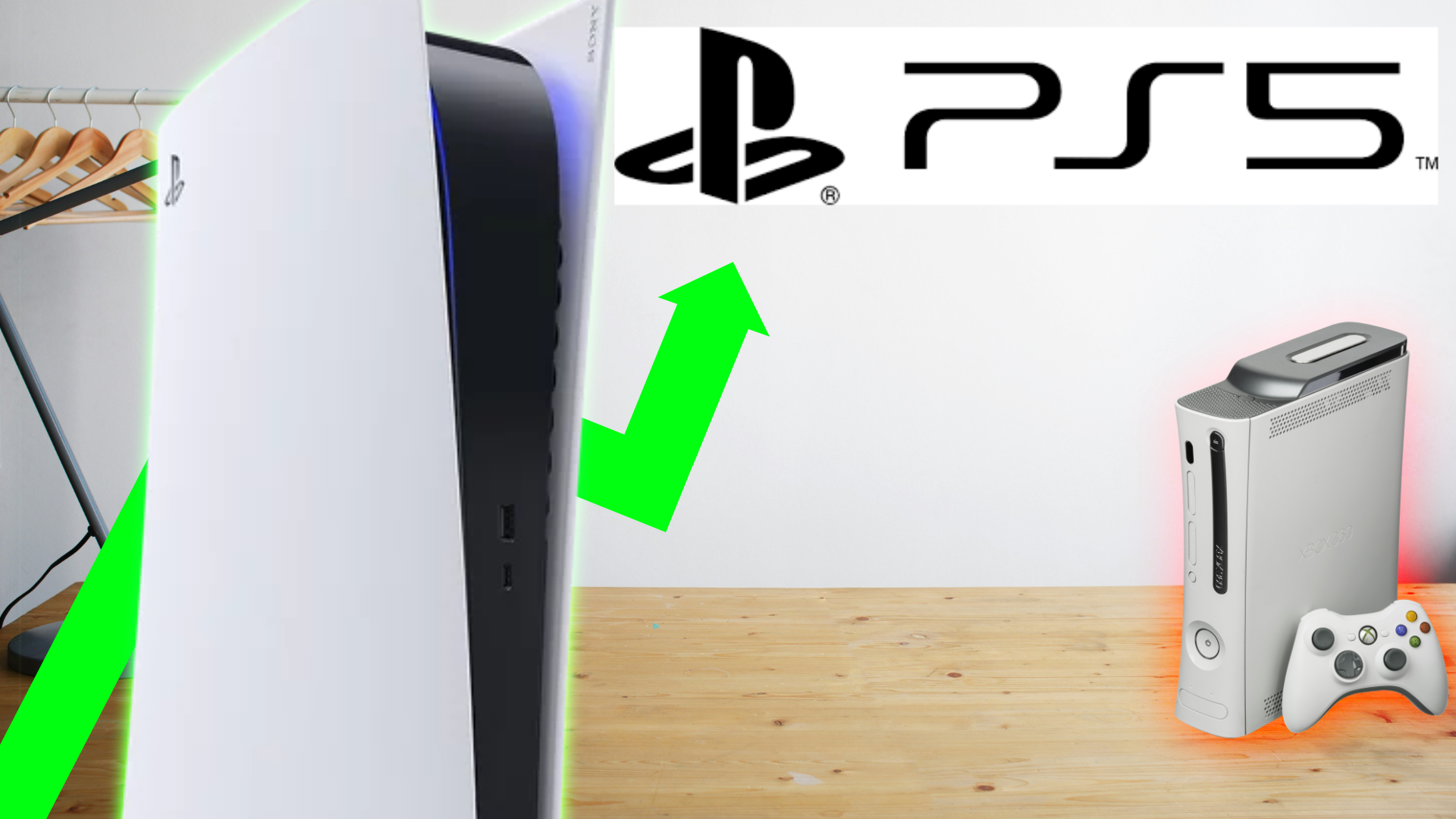 PlayStation 5 and Xbox 360 with the PS5 towering over the 360