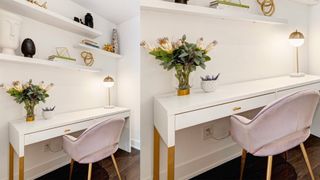 white gloss vanity desk with gold legs and drawer oulls