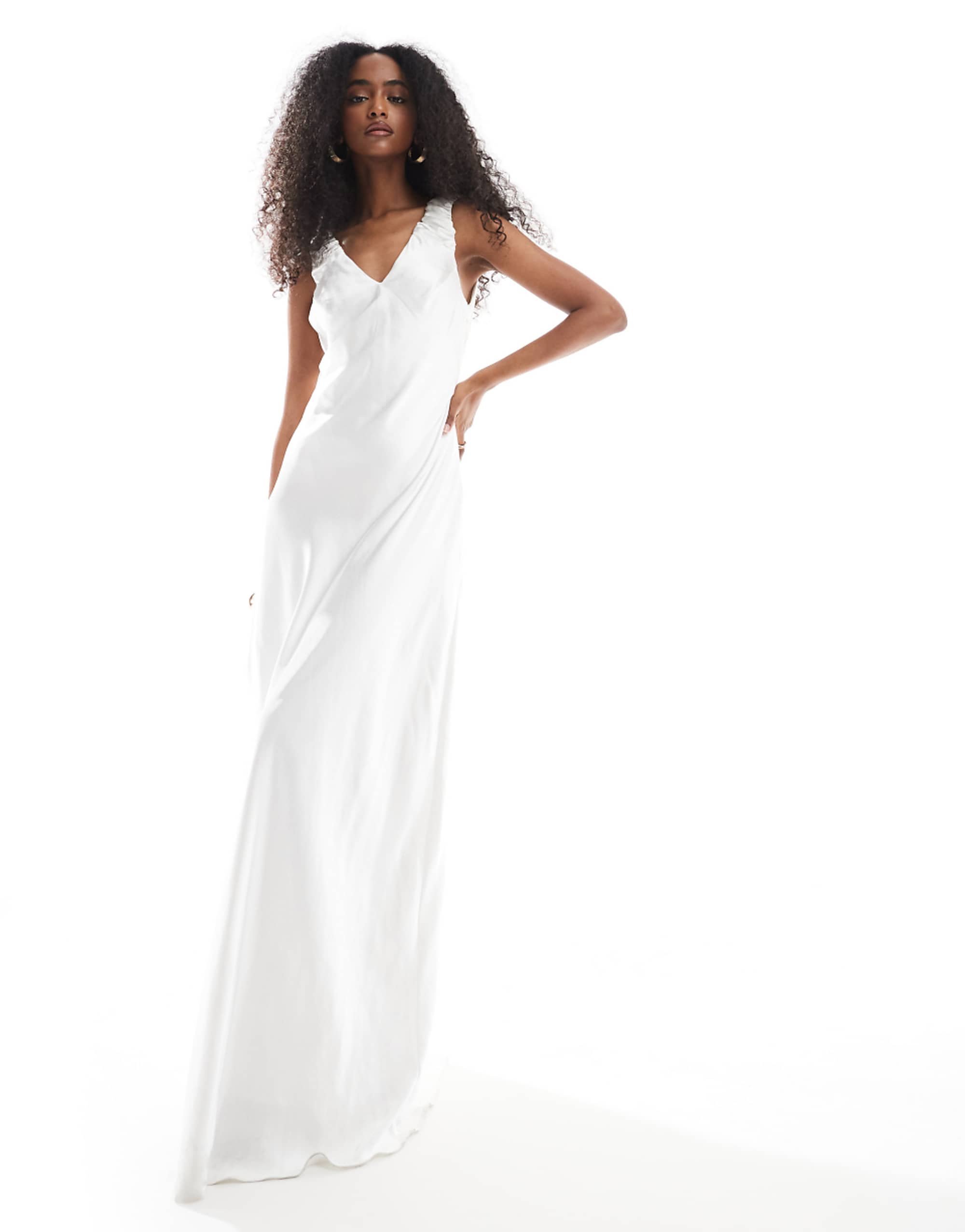 Six Stories Bridal Gathered Satin Maxi Dress in Soft White