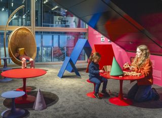 Red and blue exhibition spaces