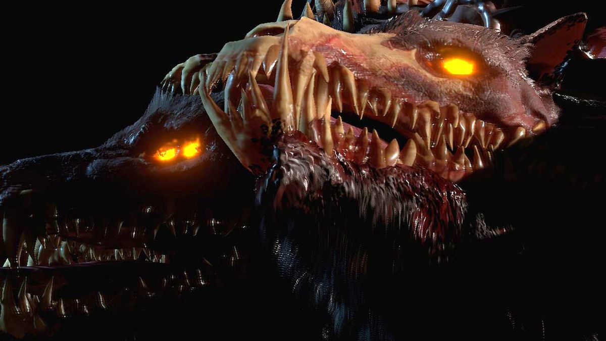 Amalgum Head close-up with glowing yellow eyes