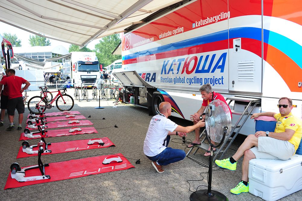 The Team Katusha bus is sst up before the riders arrive.
