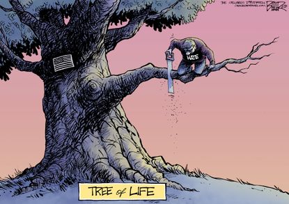 Editorial cartoon U.S. Tree of Life synagogue mass shooting hate anti-Semitism