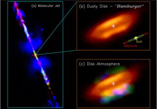 (a) Observations from the ALMA telescope in Chile revealed spinning jets of material (green) ejecting from inside the accretion disk around a young star known as the "space hamburger." (b) A zoom-in to the central dusty disk: The asterisk marks the position of the protostar. A size scale of Earth's solar system is shown in the lower right corner for comparison. (c) Atmosphere of the accretion disk detected with ALMA: In the disk atmosphere, green is for deuterated methanol, blue for methanethiol and red for formamide.