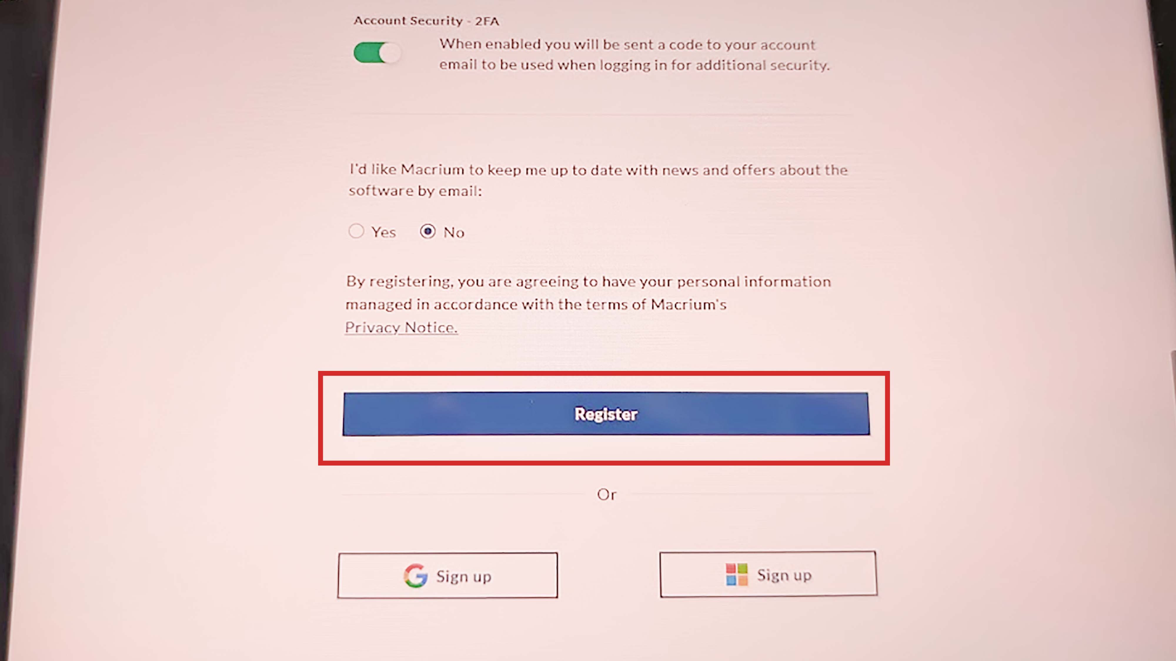 A Lenovo Legion Go screen displaying the registration page for Macrium Reflect.