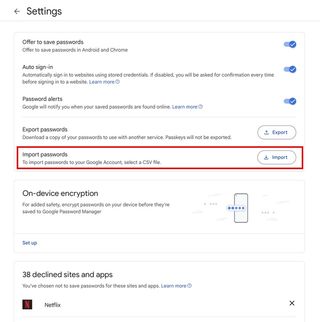 Import passwords option on My Google Account