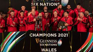 Wales celebrates winning the 2021 Six Nations Championship.