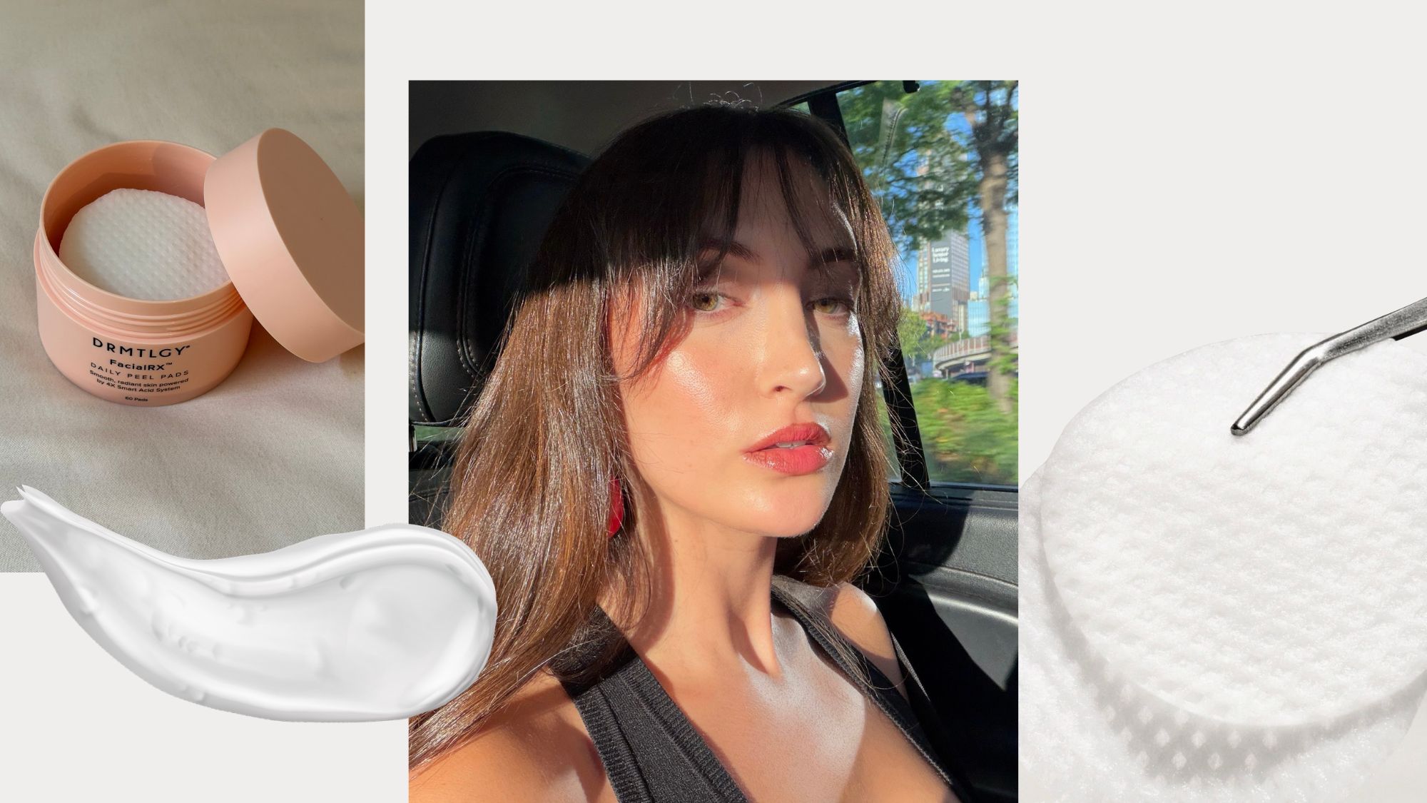 A collage of images of Who What Wear associate beauty editor Alyssa Brascia after using the Drmtlgy FacialRX Daily Peel Pads.