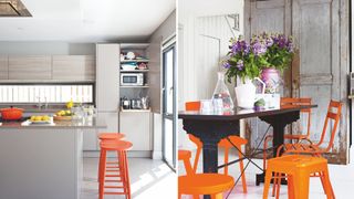 Neutral rooms with orange accents