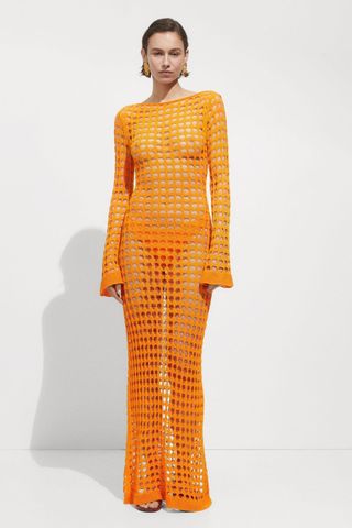 Mango long sleeve crochet maxi dress in orange