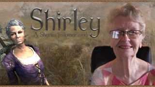 Shirley Curry overlaid against a screenshot of her Skyrim mod NPC - Skyrim Grandma
