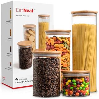 Eatneat Set of 4 Glass Canisters With Airtight Bamboo Lids - Stylish Kitchen Countertop Containers for Storage - Modern Jars for Food Organization - Clear and Natural Finish, Various Sizes