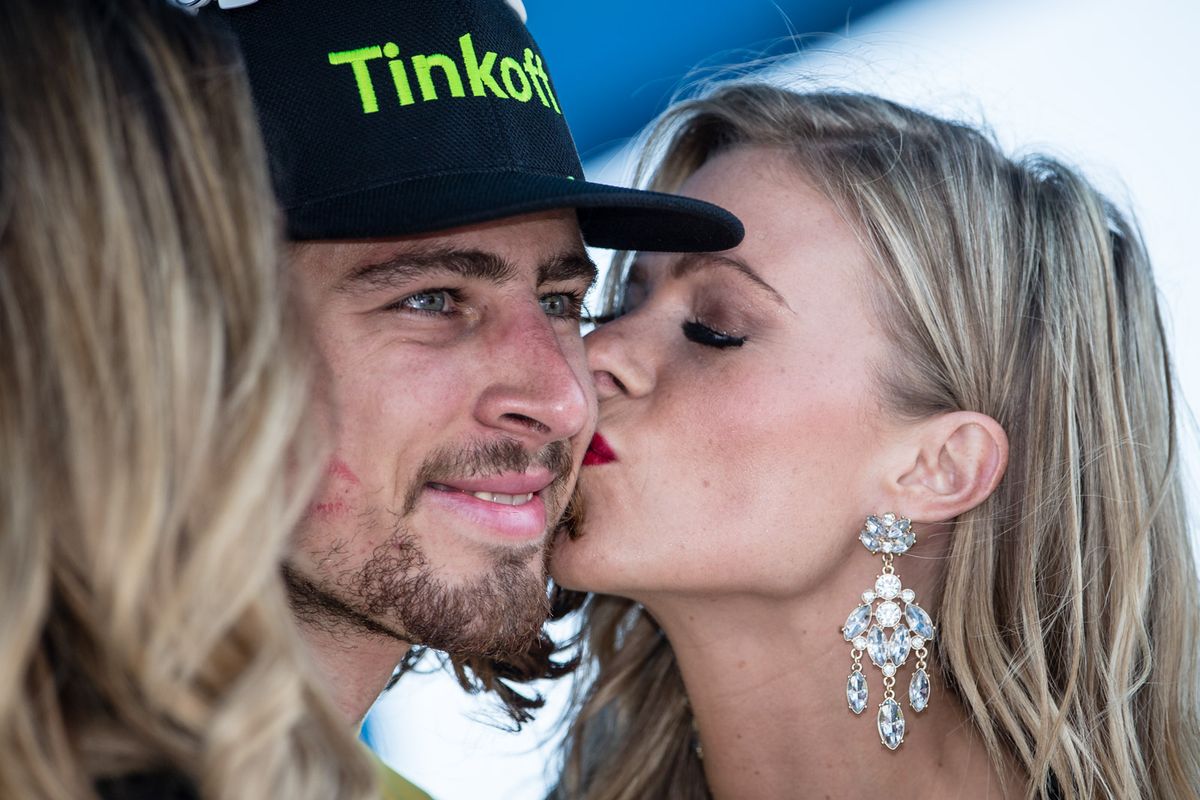 Peter Sagan (Tinkoff) gets kisses on the podium for the win