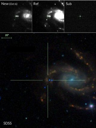 Galaxy NGC 7610, where scientists found a type II supernova. Top: Palomar 48-inch sequence of the new discovery image from 2013 Oct. 06. including a subtraction image highlighting the supernova flash. Bottom: The color Sloan Digital Sky Survey image. The supernova is located in a blue, star-forming area (the red point sources in the vicinity are foreground stars), which is apparently a part of one of the major arms of the spiral host.