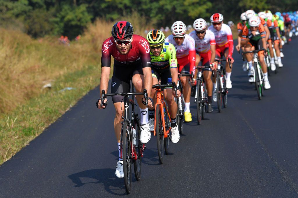 Filippo Ganna (Team Ineos) works on the front of the peloton