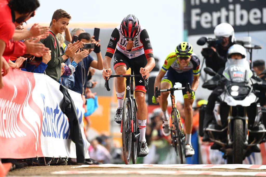 COLLU FANCUAYA SPAIN AUGUST 27 Marc Soler Gimenez of Spain and UAE Team Emirates crosses the finish line during the 77th Tour of Spain 2022 Stage 8 a 1534km stage from Pola de Laviana to Collu Fancuaya 1084m LaVuelta22 WorldTour on August 27 2022 in Collu Fancuaya Spain Photo by Tim de WaeleGetty Images