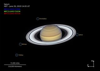The rings of Saturn and four of its moons take center stage in this portrait by the Hubble Space Telescope's Wide Field Camera 3 taken on June 20, 2019.
